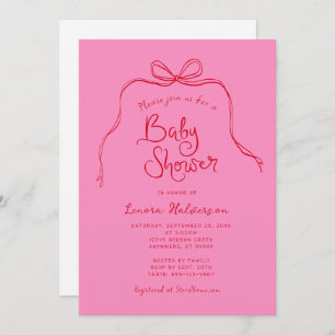 Pink Red Bold Simple Bow Baby Shower Invitation