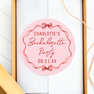 Pink & Red Bow Bachelorette Party Bride's Name Classic Round Sticker