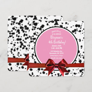 Pink Red Bow Black Dalmatian Spots Birthday Party Invitation