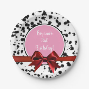Pink Red Bow Black Dalmatian Spots Birthday Party Paper Plate