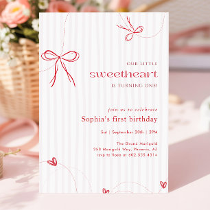 Pink Red Bow Heart Little Sweetheart 1st Birthday Invitation