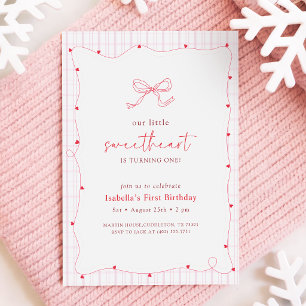 Pink Red Bow Little Sweetheart First Birthday Invitation