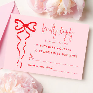 Pink Red Bow Modern Wedding RSVP Card