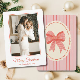 Pink & Red Bow Preppy Coquette Single Girl Mom Holiday Card