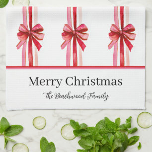 Pink Red Bows Christmas Tea Towel
