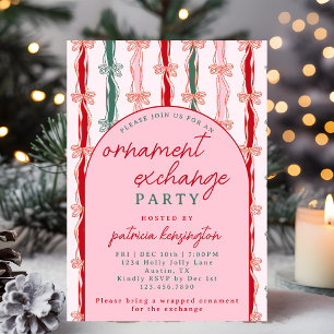 Pink & Red Bows Ornament Exchange Christmas Party Invitation
