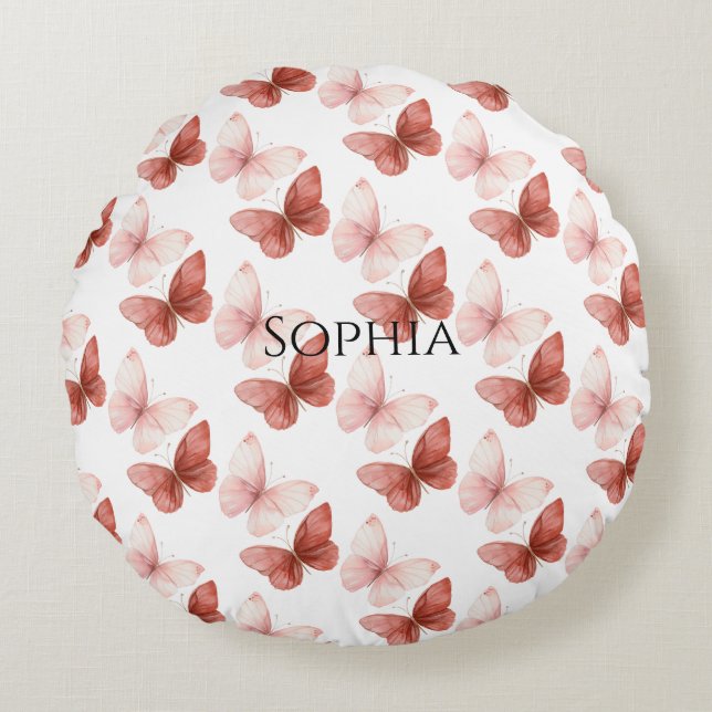 Pink Red Butterflies Glitter Round Cushion (Front)