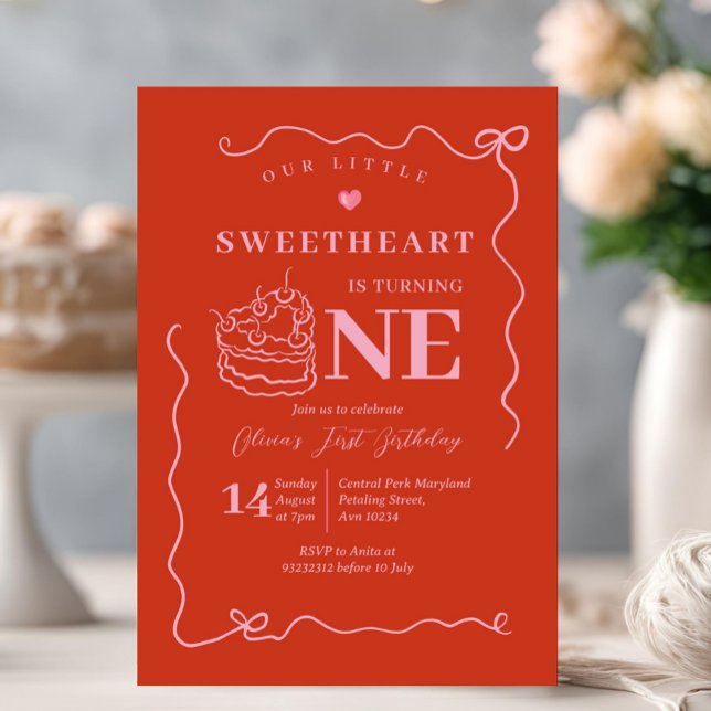 Pink Red Cake Little Sweetheart Turning One Invitation (Creator Uploaded)