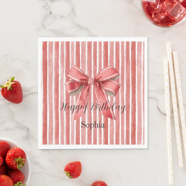 Pink Red Candy Cane Stripes Bow Birthday Napkin (Insitu)