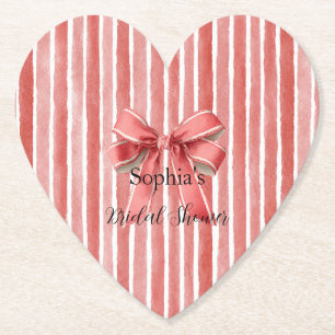 Pink Red Candy Cane Stripes Bow Bridal Shower Paper Coaster