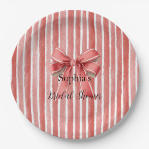 Pink Red Candy Cane Stripes Bow Bridal Shower Paper Plate