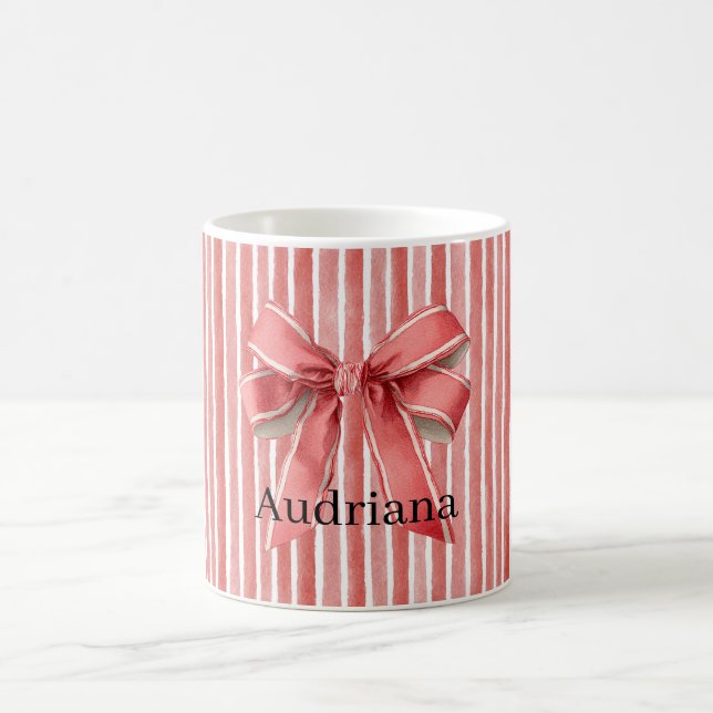 Pink Red Candy Cane Stripes Bow Coffee Mug (Center)