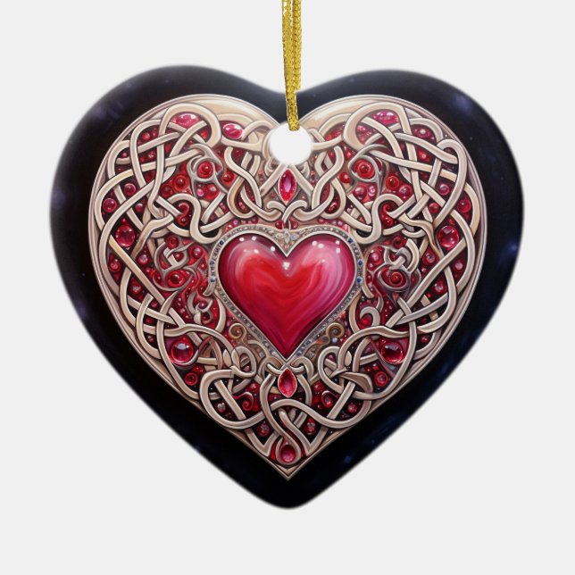 Pink Red Celtic Knot Heart Ceramic Tree Decoration (Front)