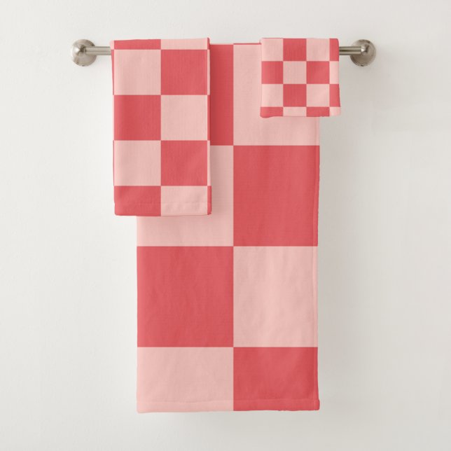 Pink Red Chequered Gingham Pattern Bath Towel Set (Insitu)