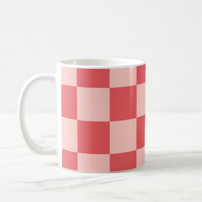 Pink Red Chequered Gingham Pattern Coffee Mug (Left)