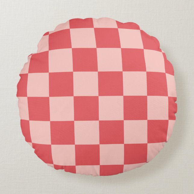 Pink Red Chequered Gingham Pattern Round Cushion (Front)