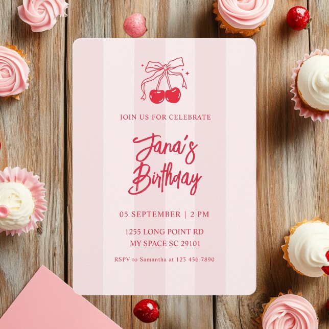 Pink & Red Cherry Birthday Party  Invitation (Creator Uploaded)