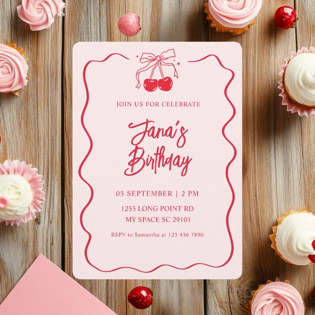 Pink & Red Cherry Birthday Party Invitation (Creator Uploaded)