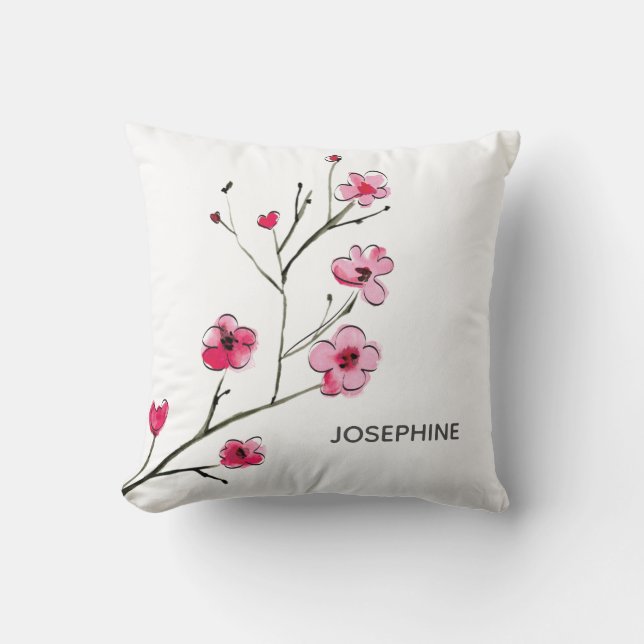 Pink Red Cherry Blossom watercolor flowers custom Cushion (Front)