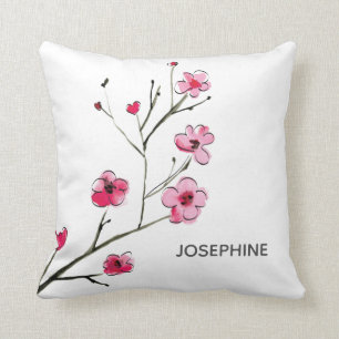 Pink Red Cherry Blossom watercolor flowers custom Cushion