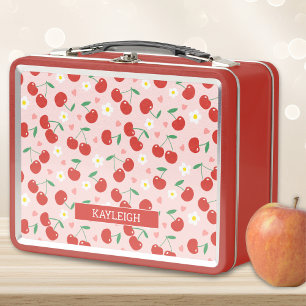 Pink & Red Cherry Daisy pattern Backpack Metal Lunch Box