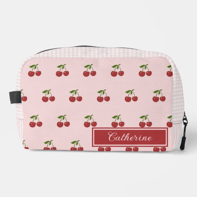 Pink Red Cherry Gingham Pattern Simple Fruit Dopp Kit (Front)