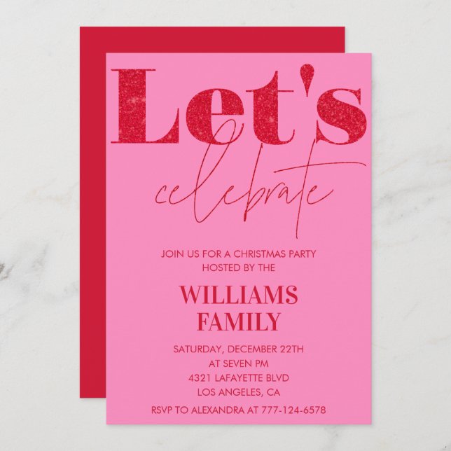 Pink Red Christmas Party  Let's celebrate Invitation (Front/Back)