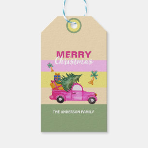 Pink Red Christmas Trunk Watercolor Art Gift Tags