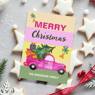 Pink Red Christmas Trunk Watercolor Art Holiday Card