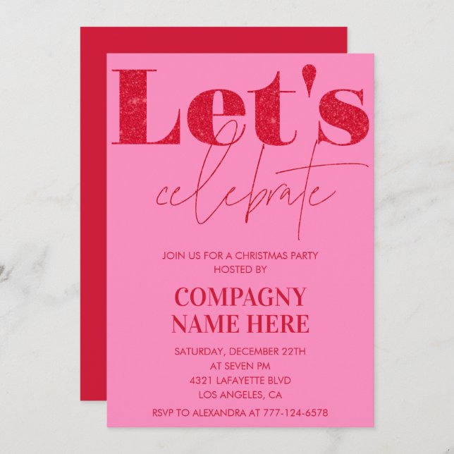 Pink Red Company Christmas Party  Let's celebrate Invitation (Front/Back)