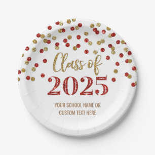 Pink Red Confetti Graduation 2025 Paper Plate
