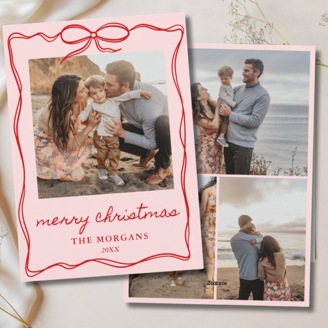 Pink & Red Coquette Bow Christmas 4 Photo Family Holiday Card (Pink & Red Coquette Bow Christmas 4 Photo Family Holiday Card
)