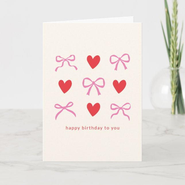 Pink Red Coquette Bow Heart Custom Birthday Card (Front)
