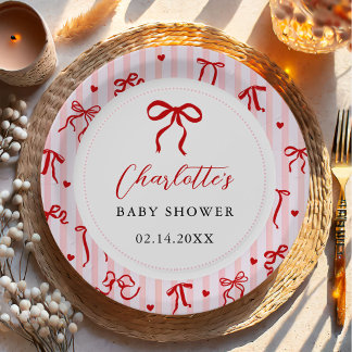 Pink Red Coquette Bow Valentine Baby Shower Paper Plate