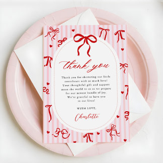 Pink Red Coquette Bow Valentine Baby Shower Thank You Card