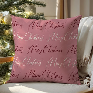 Pink Red Cream Script Pattern Merry Christmas Cushion