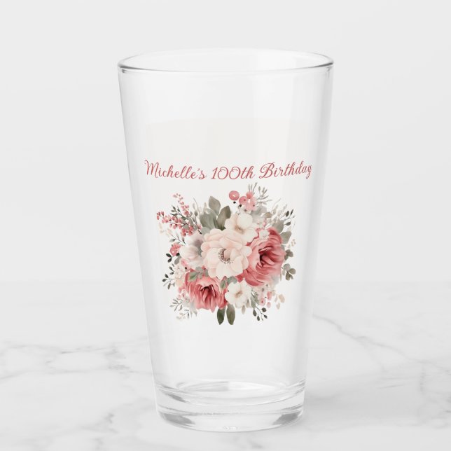 Pink Red Cream Watercolor Floral 100th Birthday Glass (Front)