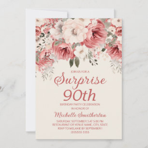 Pink Red Cream Watercolor Floral Surprise 90th  Invitation