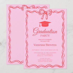 Pink Red Curve squiggle wavy Graduation Cap Party Invitation