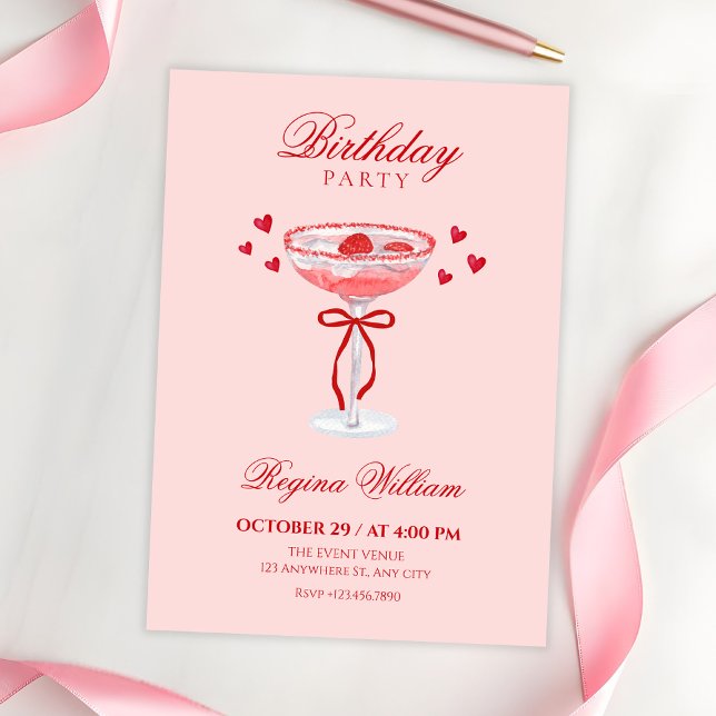 Pink red cute bow cocktail birthday invitation (Creator Uploaded)