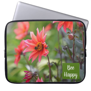 Pink & Red Dahlia Bee Happy Flowers Motivational Laptop Sleeve