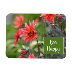 Pink & Red Dahlia Bee Happy Flowers Motivational Magnet