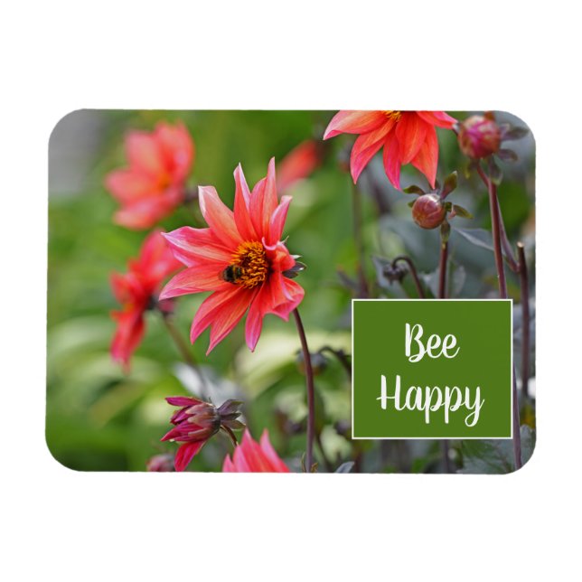 Pink & Red Dahlia Bee Happy Flowers Motivational Magnet (Horizontal)