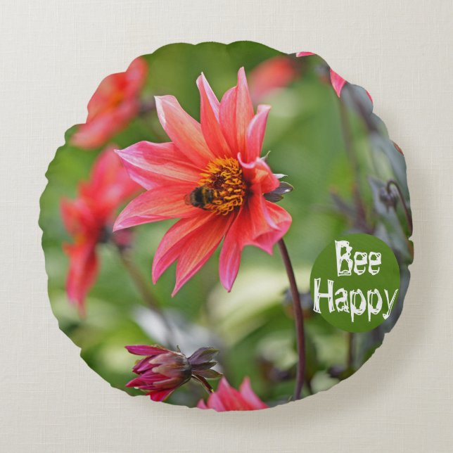 Pink & Red Dahlia Bee Happy Flowers Motivational Round Cushion (Front)