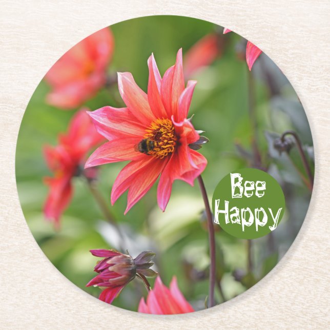 Pink & Red Dahlia Bee Happy Flowers Motivational Round Paper Coaster (Front)