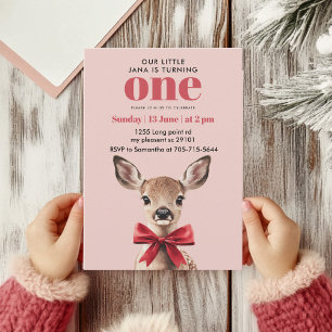 Pink & Red Deer Birthday   Winter Woodland Party Invitation
