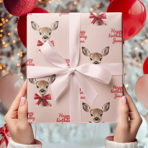 Pink & Red Deer Wrapping Paper   Woodland Birthday