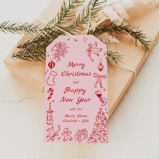 Pink Red Doodle Christmas Gift Tag Quirky Holiday  (Creator Uploaded)