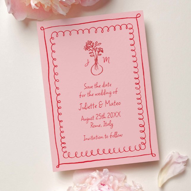 Pink-Red Doodle Scribble Frames Save the Date (pink, quirky, hand-drawn frames save the date card)