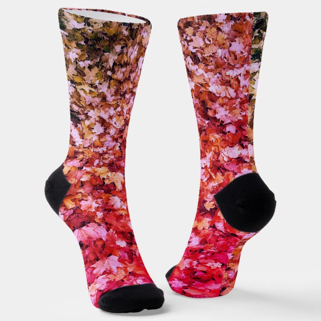 Pink red fall autumn maple leaves socks (Angled)